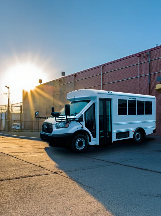 White shuttle bus parked next to a prison near Seattle